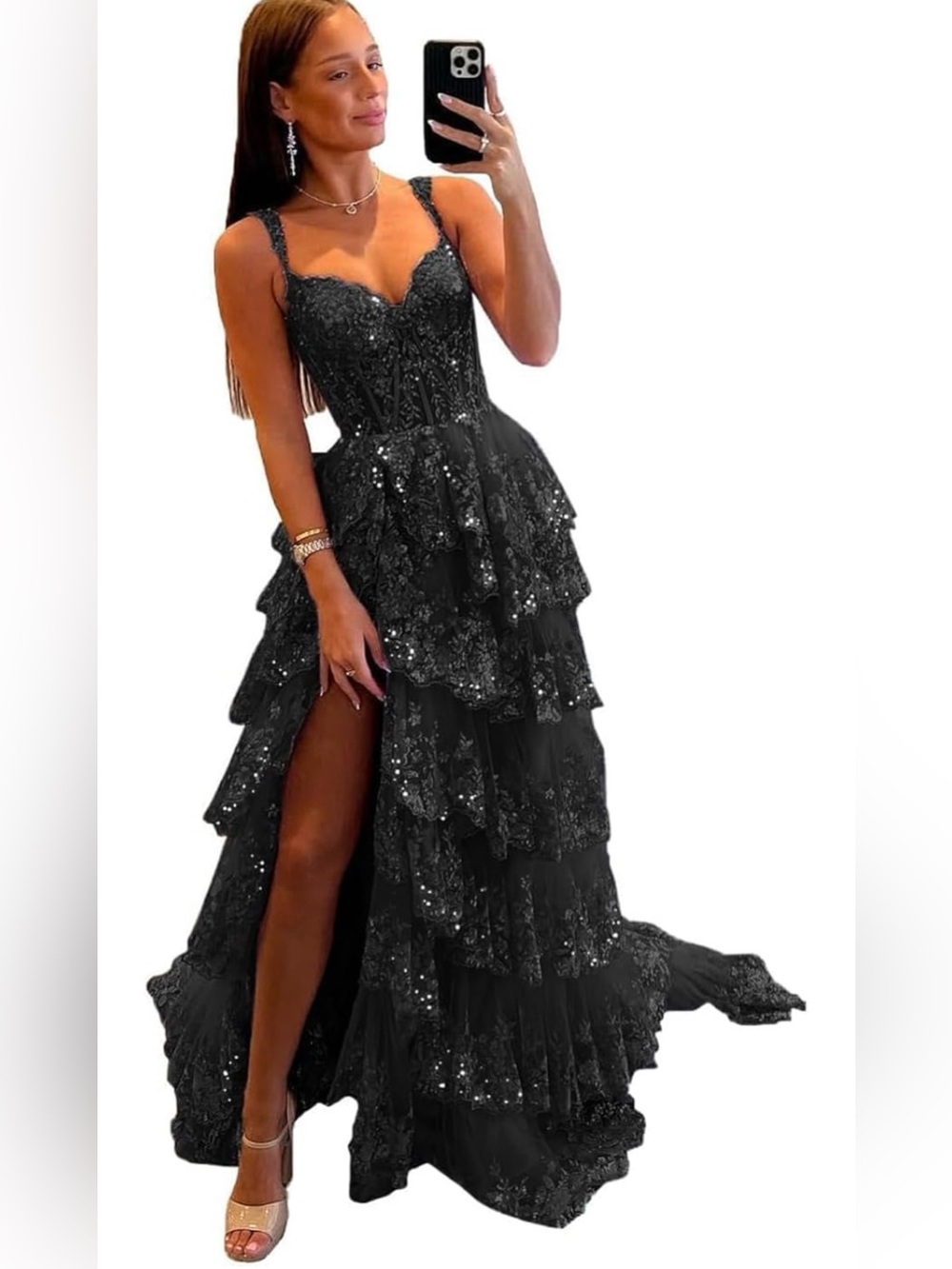 Tiered Ruffle Corset Sequin Tulle Prom High Slit Long Formal Dress Ball Gown - Picture 11 of 12